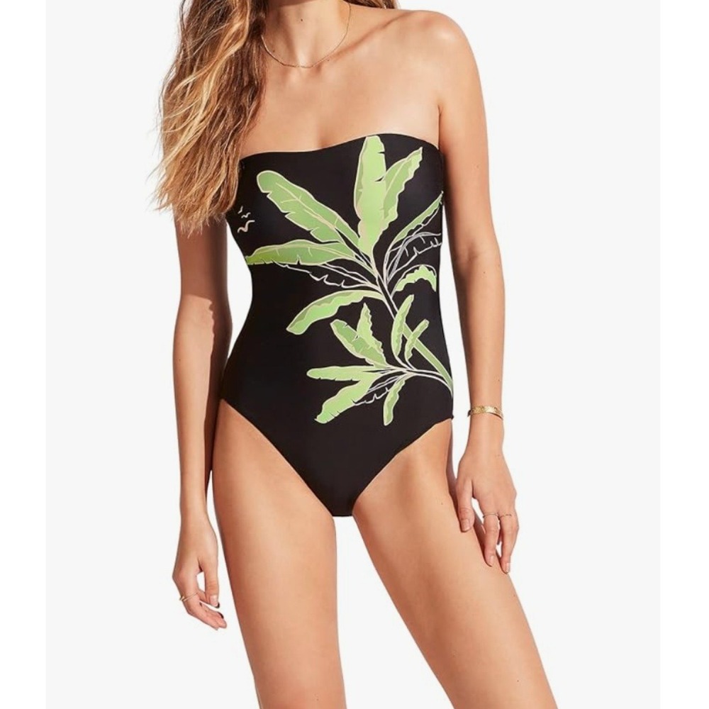 Seafolly Bandeau One Piece Swimsuit Size Large Palm Paradise Black Halter Strap